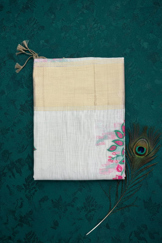 Linen Cotton Saree with thread work and golden zari work.