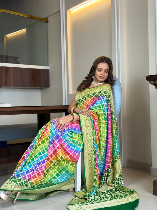 Pure Khaddi Goergette Banarasi Saree. Bandhej Pattern .