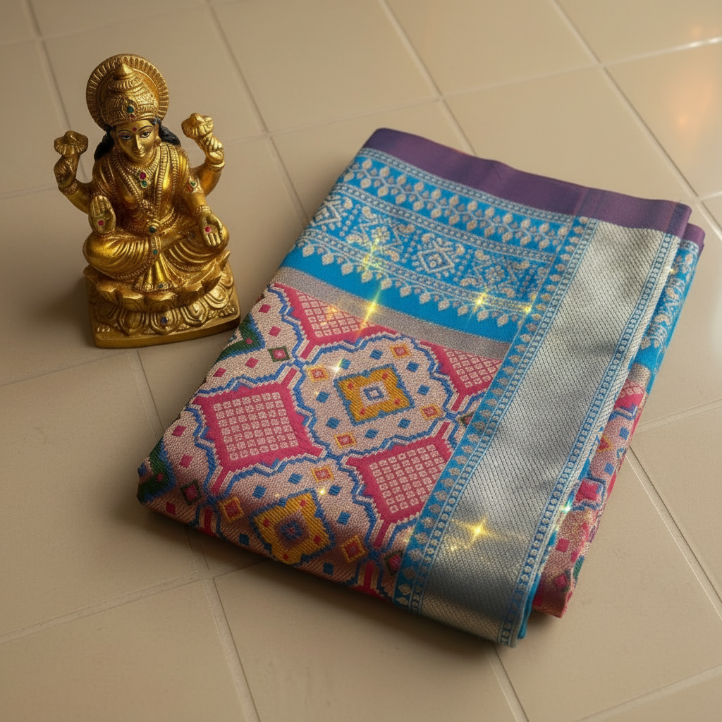 soft silk patola design saree color is carrot pink