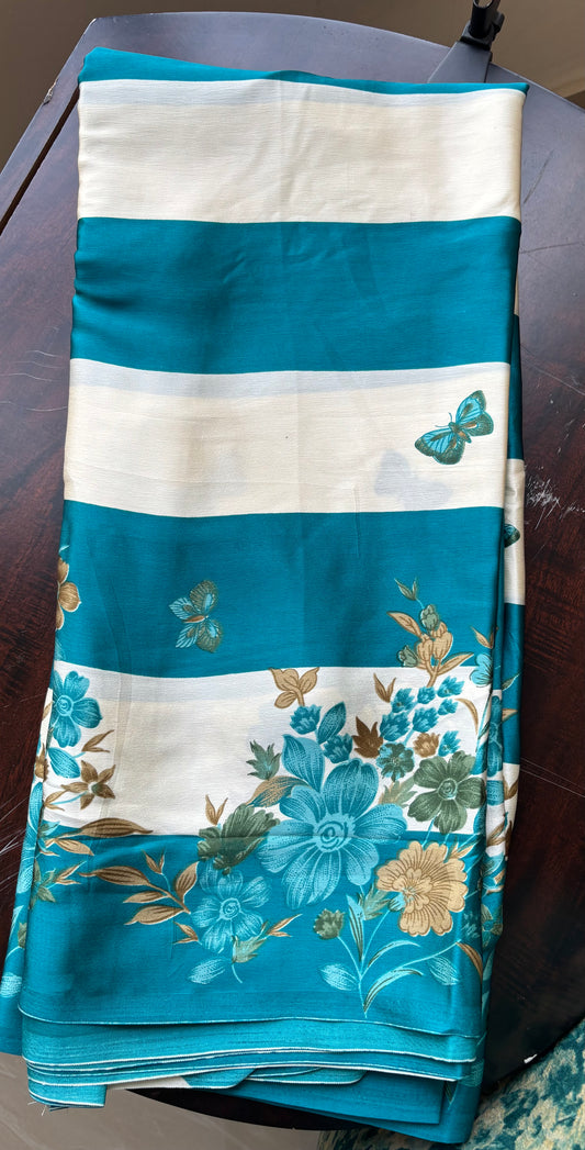 Satin floral ,butterfly ,and bird print striped saree with beautiful blouse and tassels on pallu