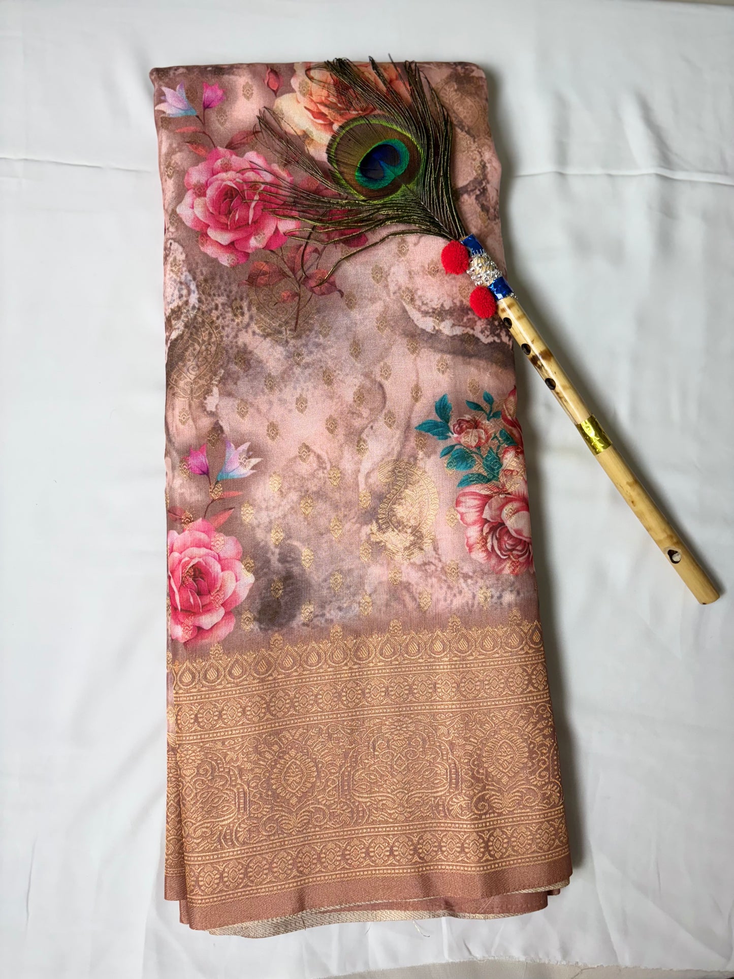 Dola silk printed saree. with golden zari work.