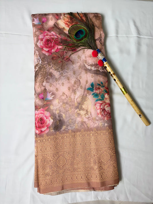 Dola silk printed saree. with golden zari work.
