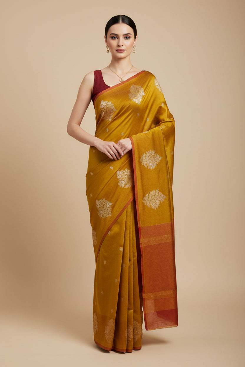Banarasi silk blue saree with golden zari work.