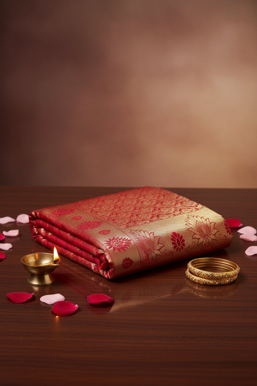 Red color semi brocade saree with beautiful golden zari work.