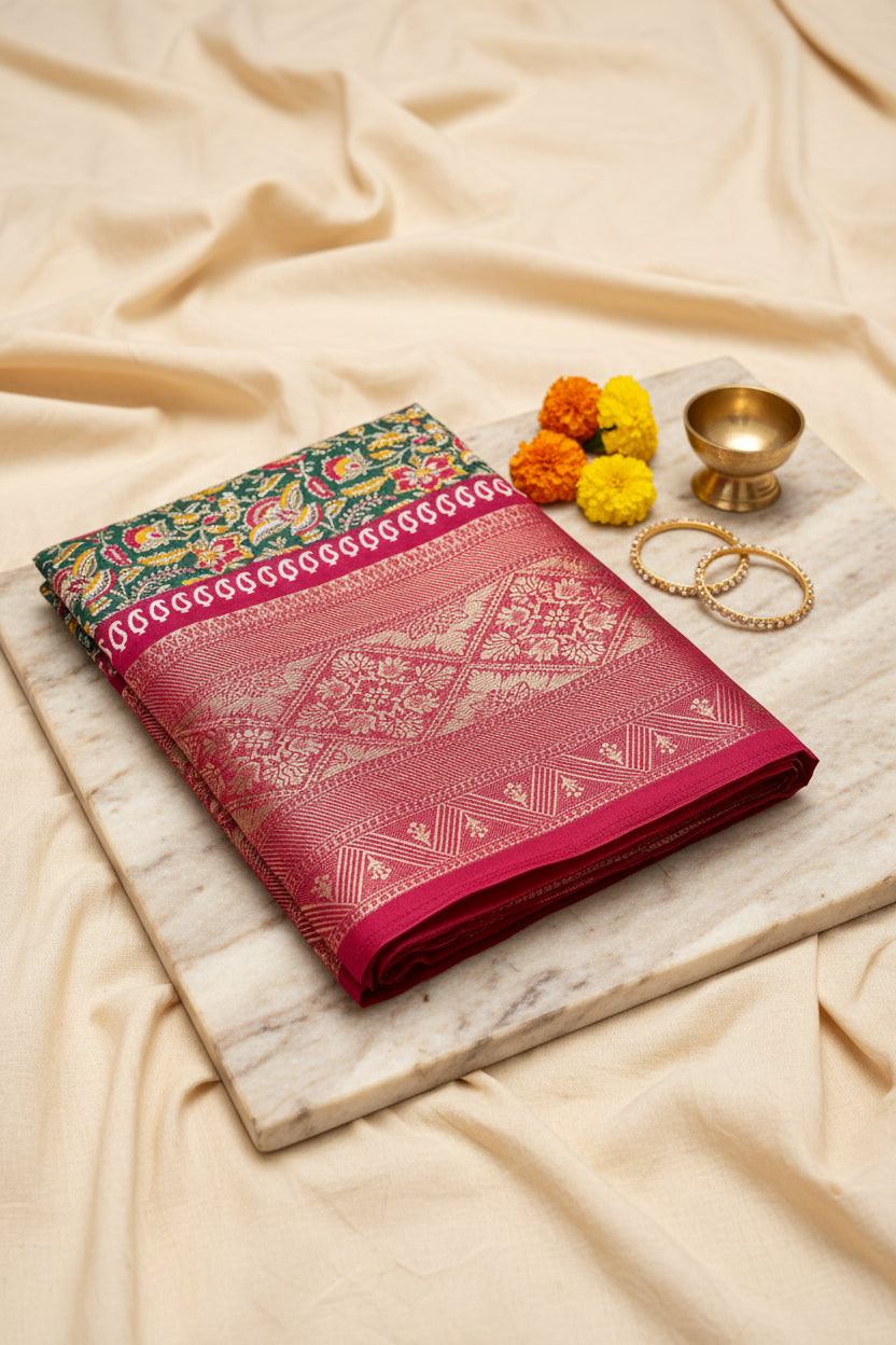 Kalamkari Saree with Golden zari work border.