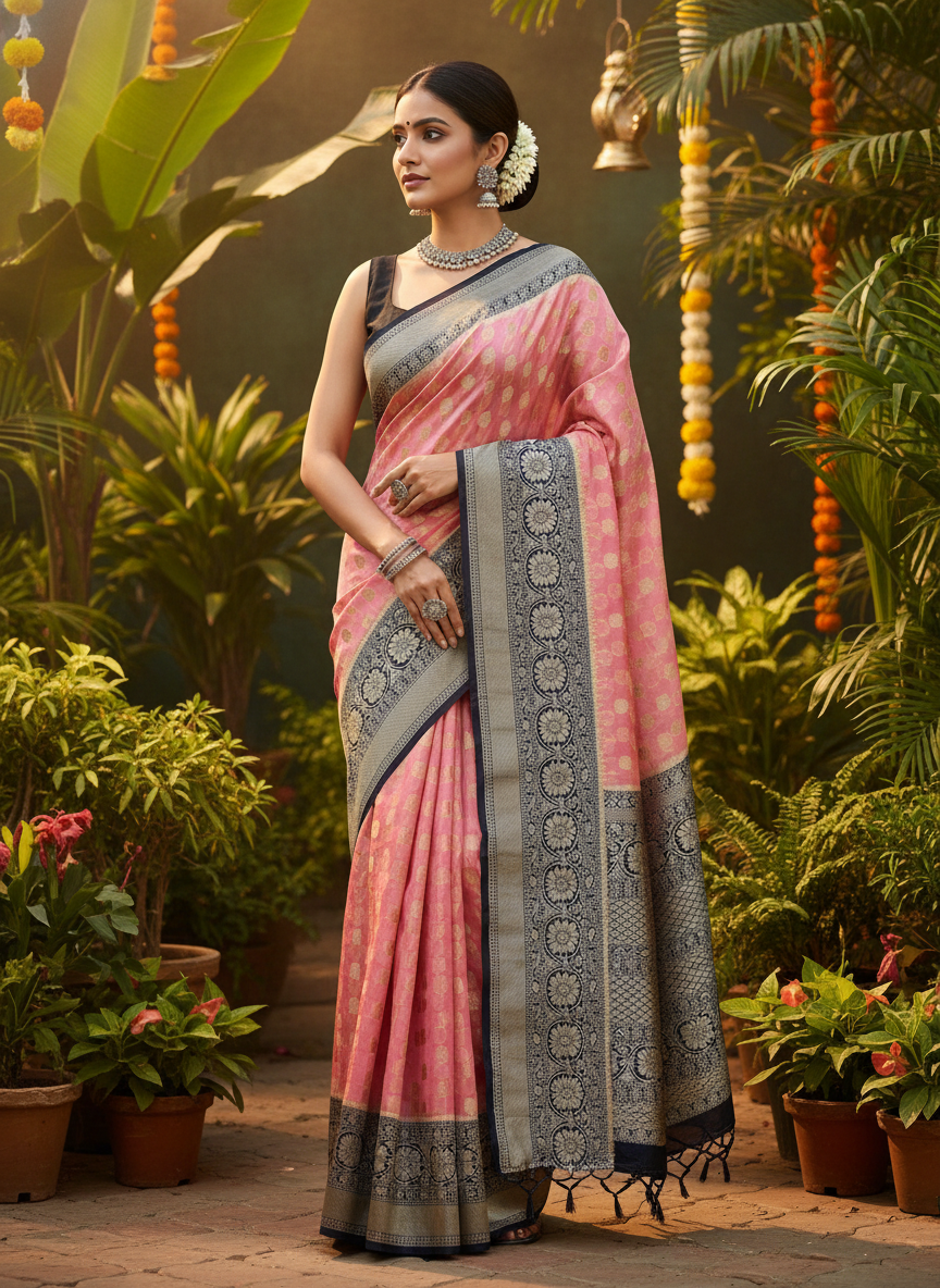 Pink and Blue kora organza ,skirt border banarasi saree