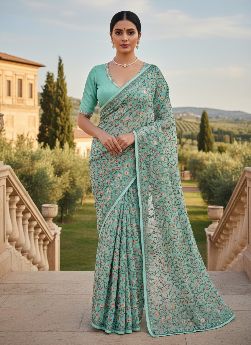 sea blue pure Chinon saree . all over interlock kashida work . and Swarovski border.