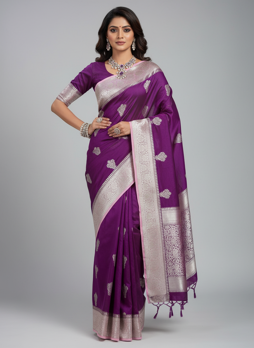 elegant purple colour kora organza banarasi saree with silver and baby pink border