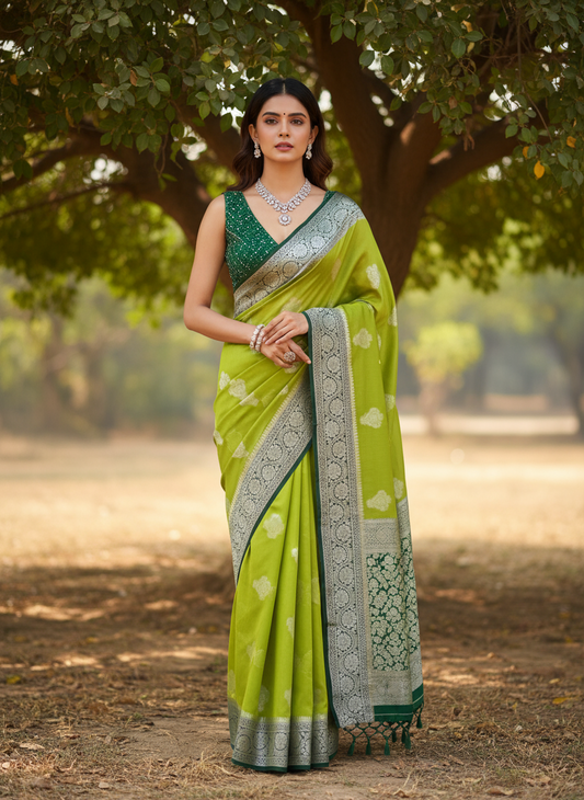 banarasi semi organza saree mehandi green color and border bottle green color