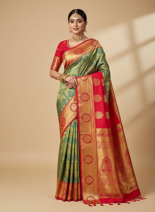 Green and red pure brocade saree for wedding season