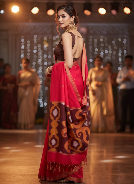 Ikkat cotton red saree with contrast pallu