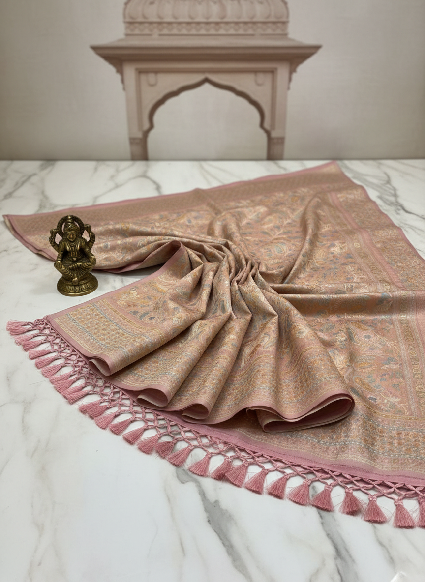 pure brocade pastel lilac color Jaal pattern nude golden color rose gold zari work