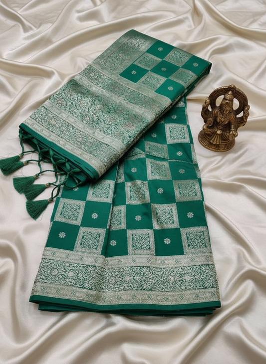 Soft silk Rama color checks saree silver zari