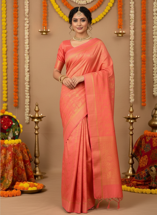 Maysour silk coral pink color saree with golden zari work