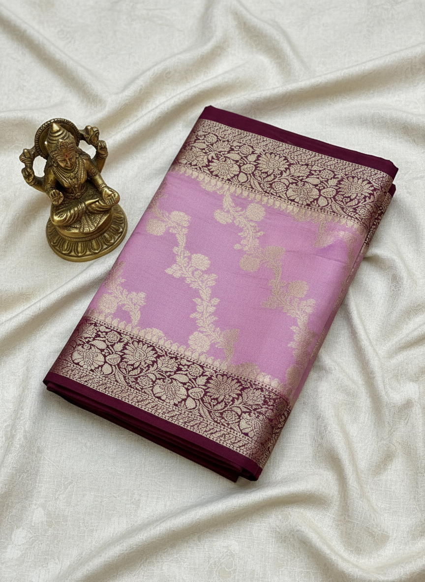 soft silk lilac color banarasi silk saree with rose gold zari.