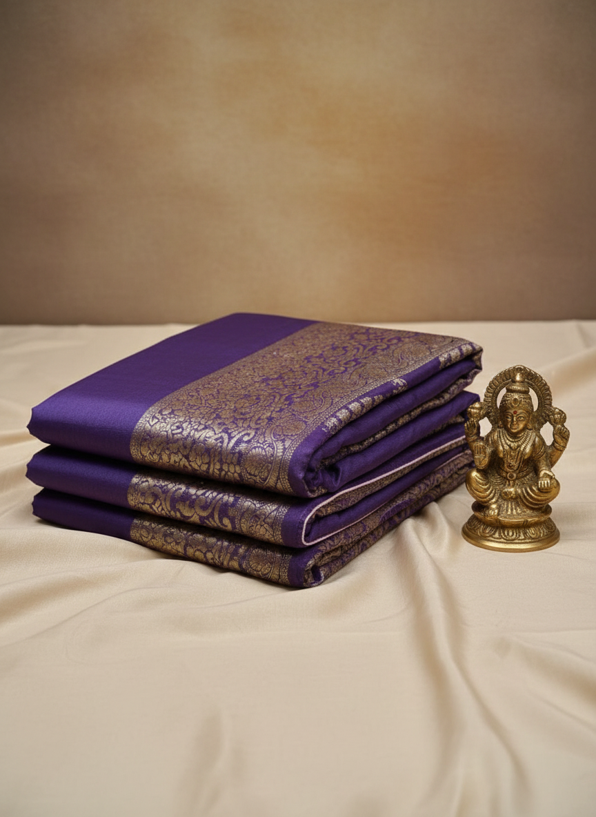 Dola silk Royal Purple color golden zari saree with piping finish