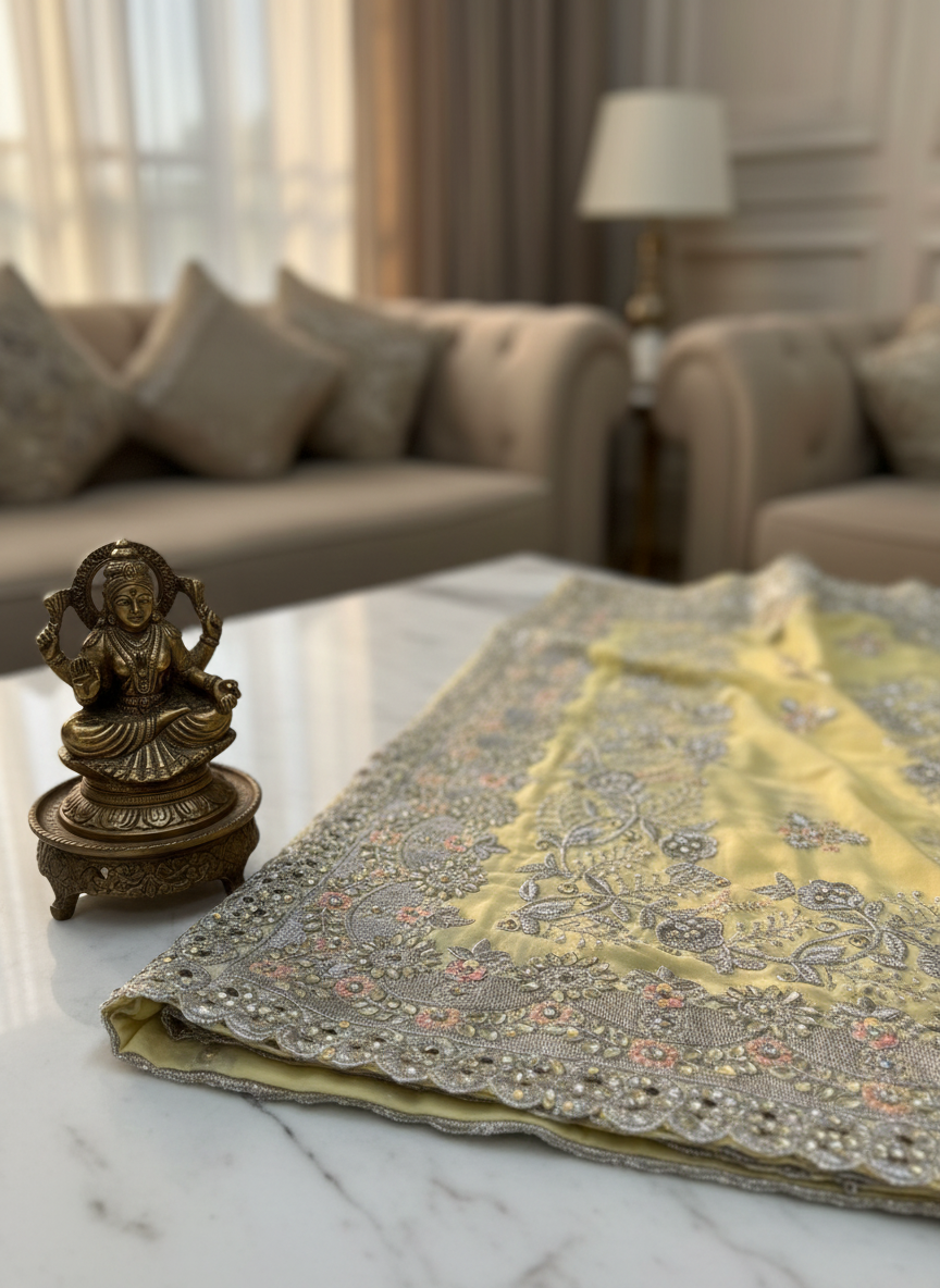 light yellow chiffon saree with silver zari work