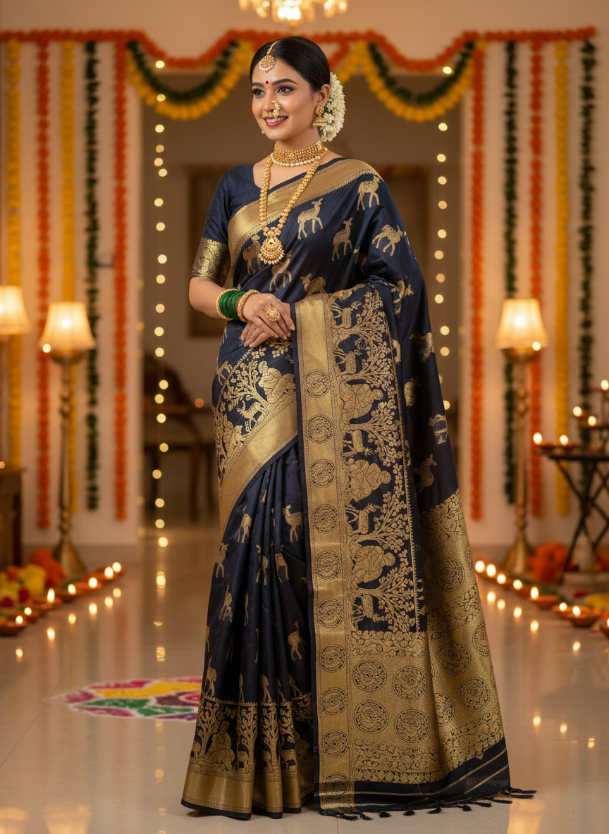 soft silk black saree with golden zari deer design
