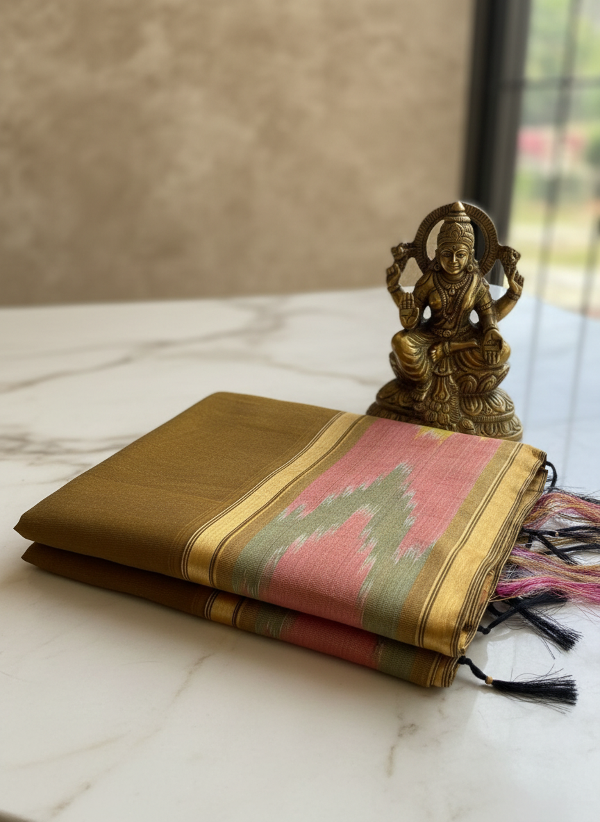 golden brown {pastel mehndi color} ikkat design cotton saree