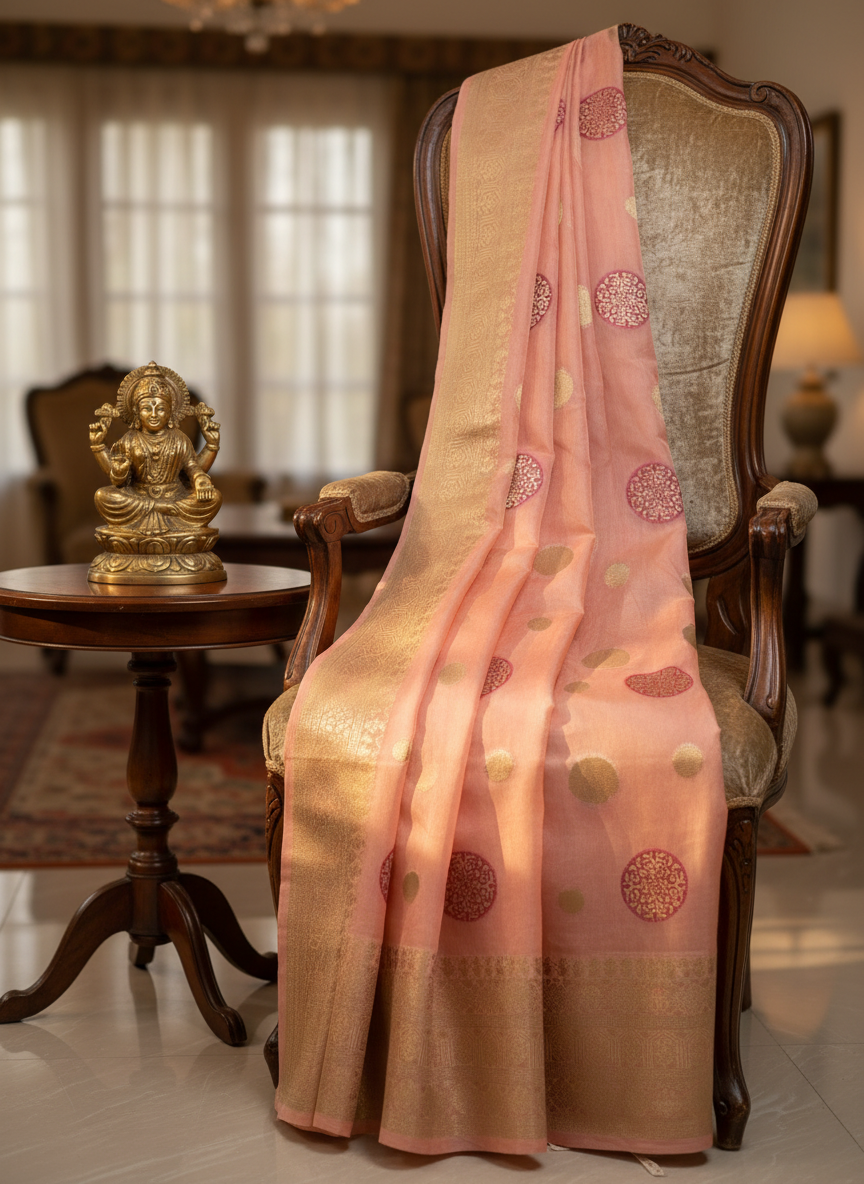 baby pink kora organza saree with golden zari work border