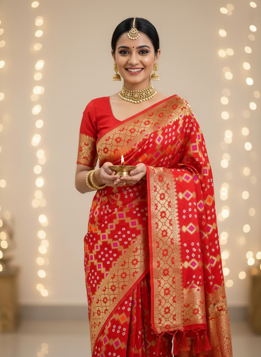 semi goergette dark orange bandhani saree with rani pink and orange minakari work golden zari work