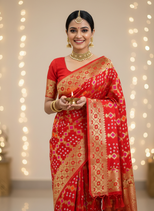 Semi goergette dark orange bandhani saree with rani pink and orange minakari work golden zari work