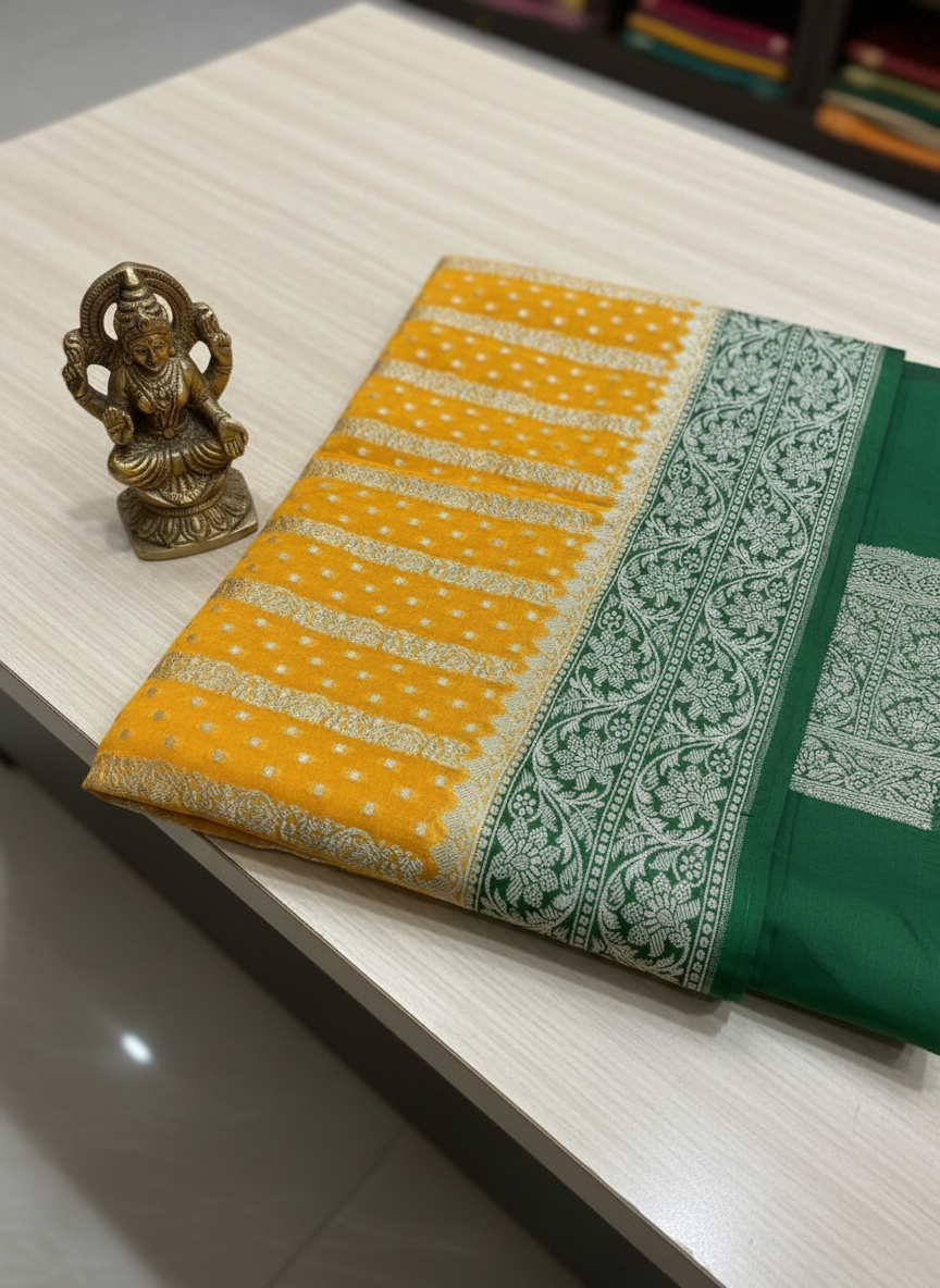 pure khaddi georgette with golden zari lemon and bottle green saree with silk mark certificate
