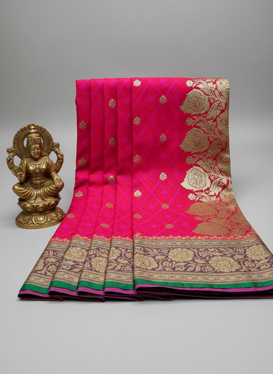 Rani pink pastel color organza silk saree with contrast green color border with heavy golden zari work