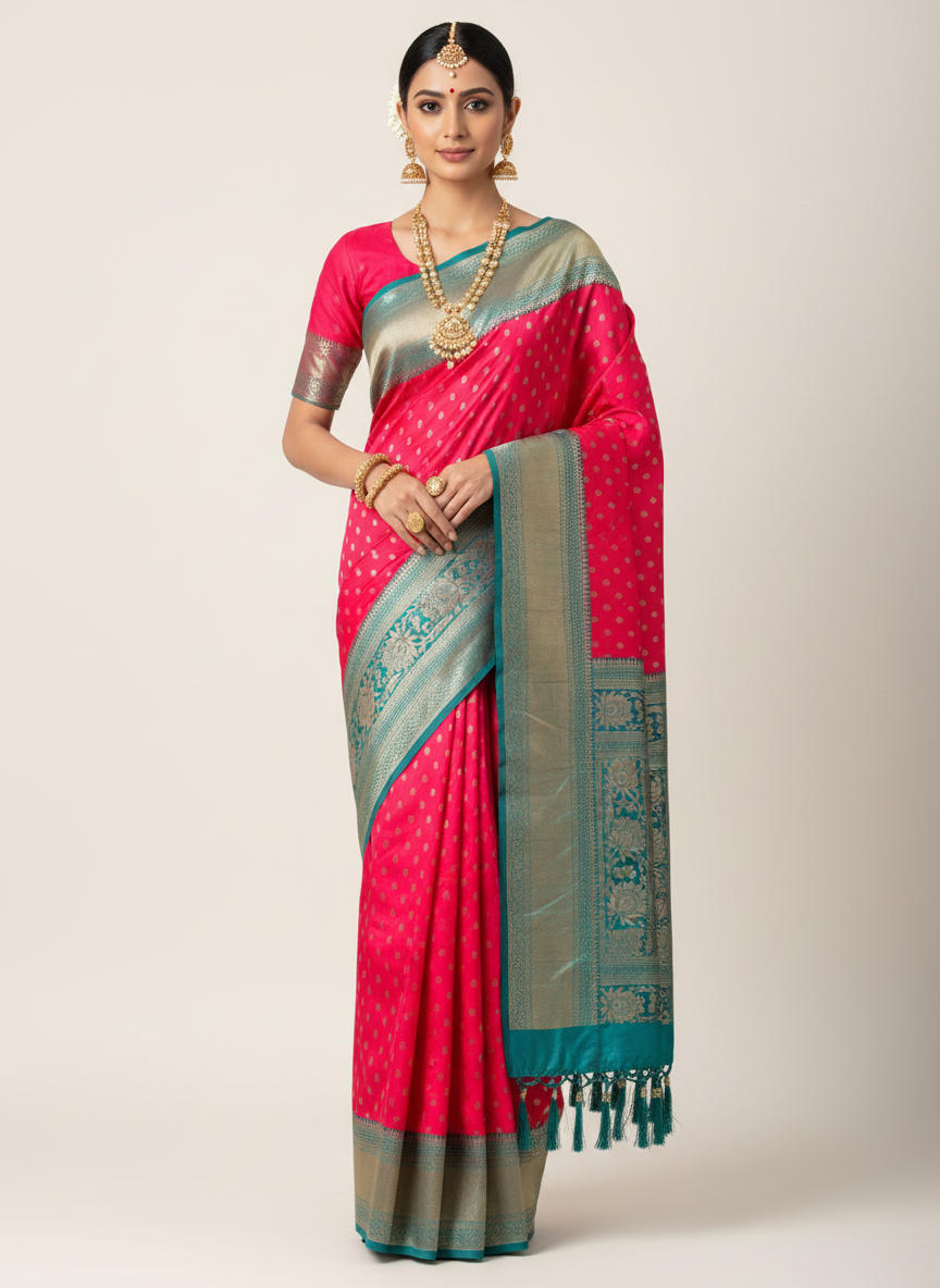 Colorful fabric with intricate patterns and a brand label on a tiled floor.