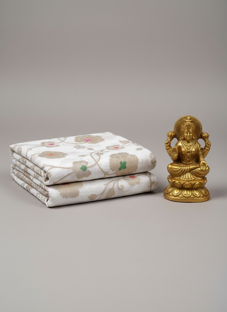 white bnarasi organza saree ith golden zari work and red and green mina work .