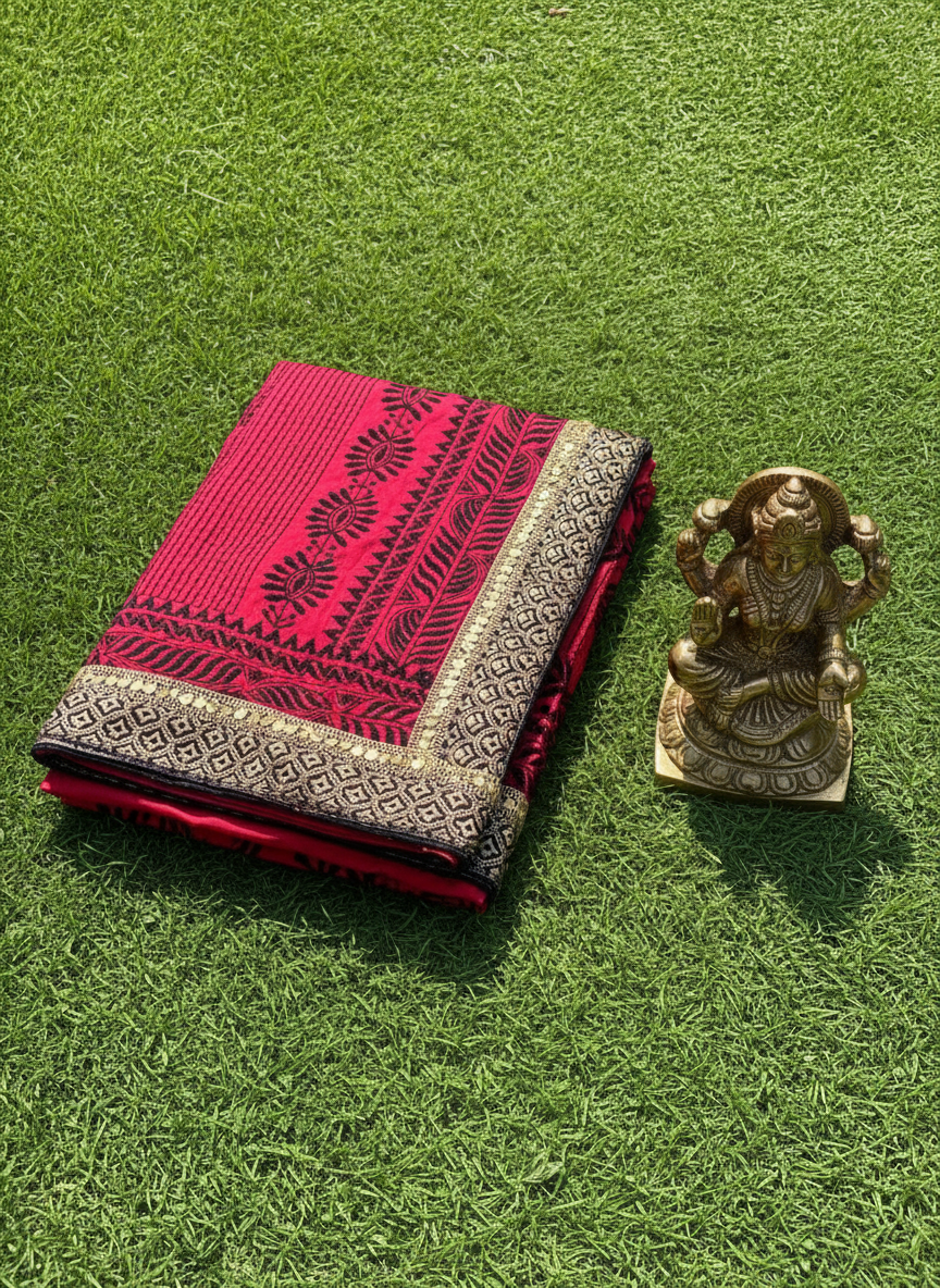 red color semi silk saree with black thread chikankari work and border with small dot mottifs