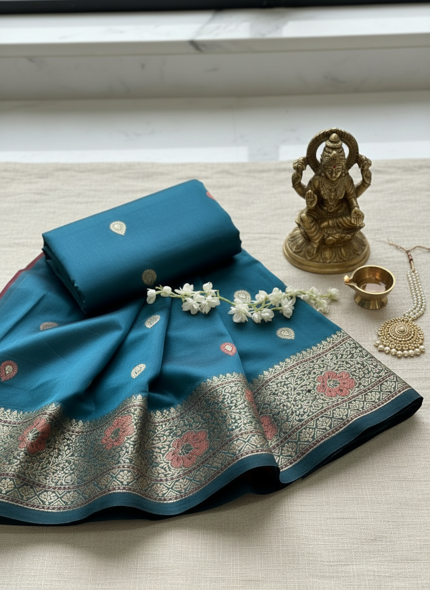 peacock blue semi organza saree with copper and silver zari and copper minakari