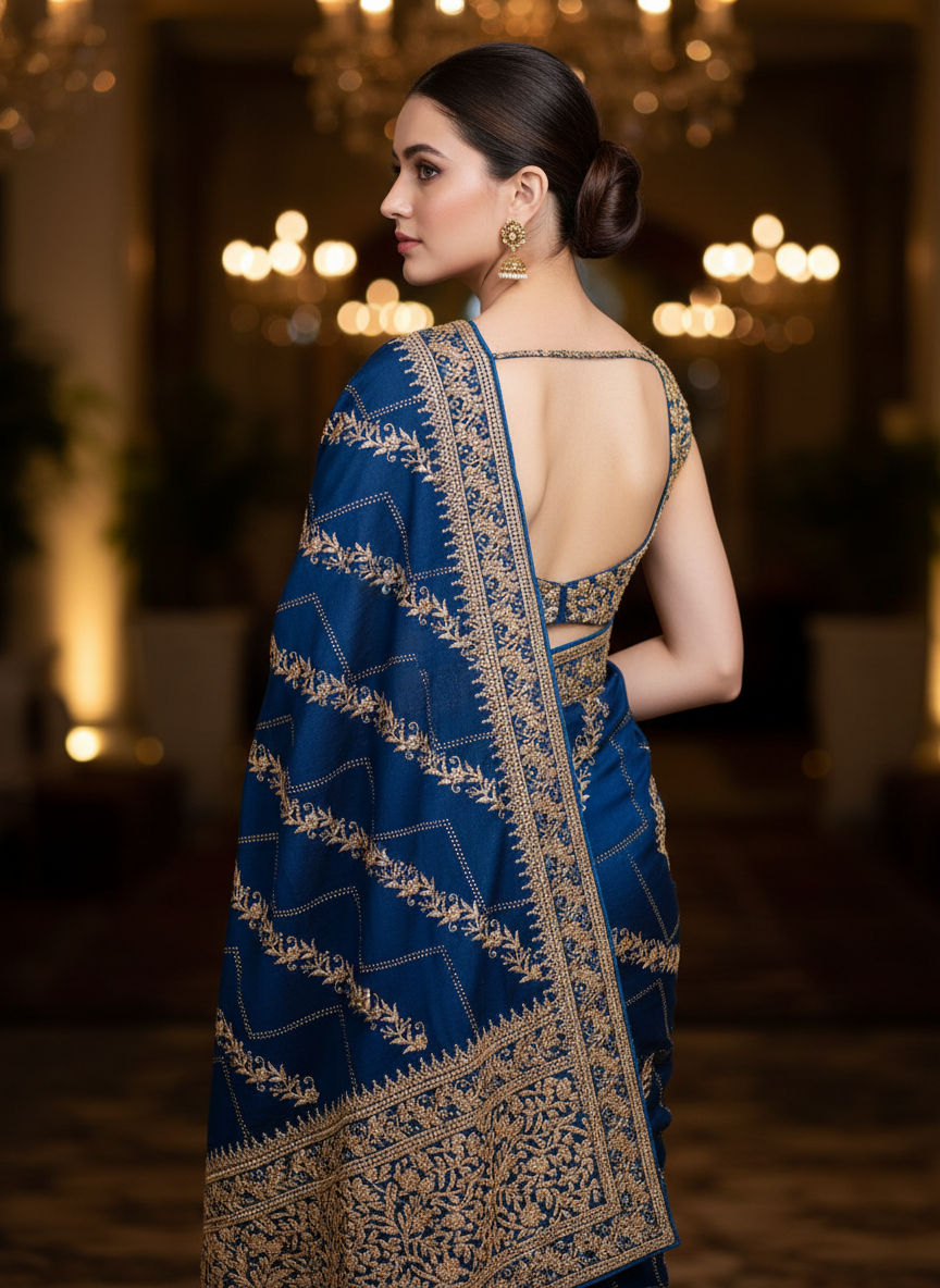pure georgette royal blue color saree with antique golden zari work with diamond work.