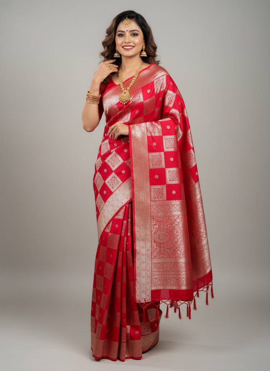 chilly red color saree with silver zari and diamomd work