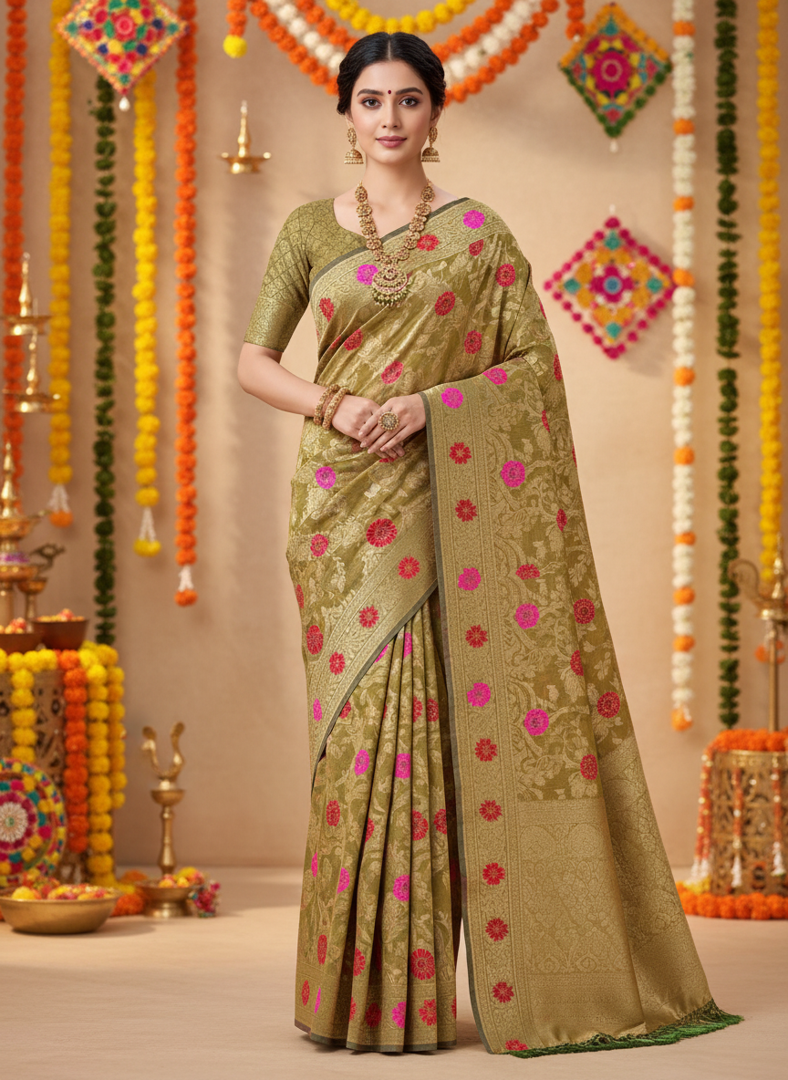 mehandi color organza banarasi saree. golden zari work and red and rani pink mina work.