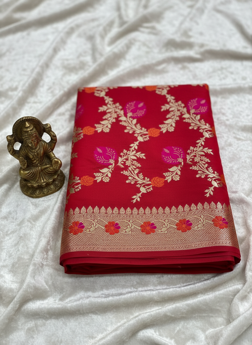 semi silk elegant banarasi saree jaal pattern golden zari work. with pastl rani and orange color mina work