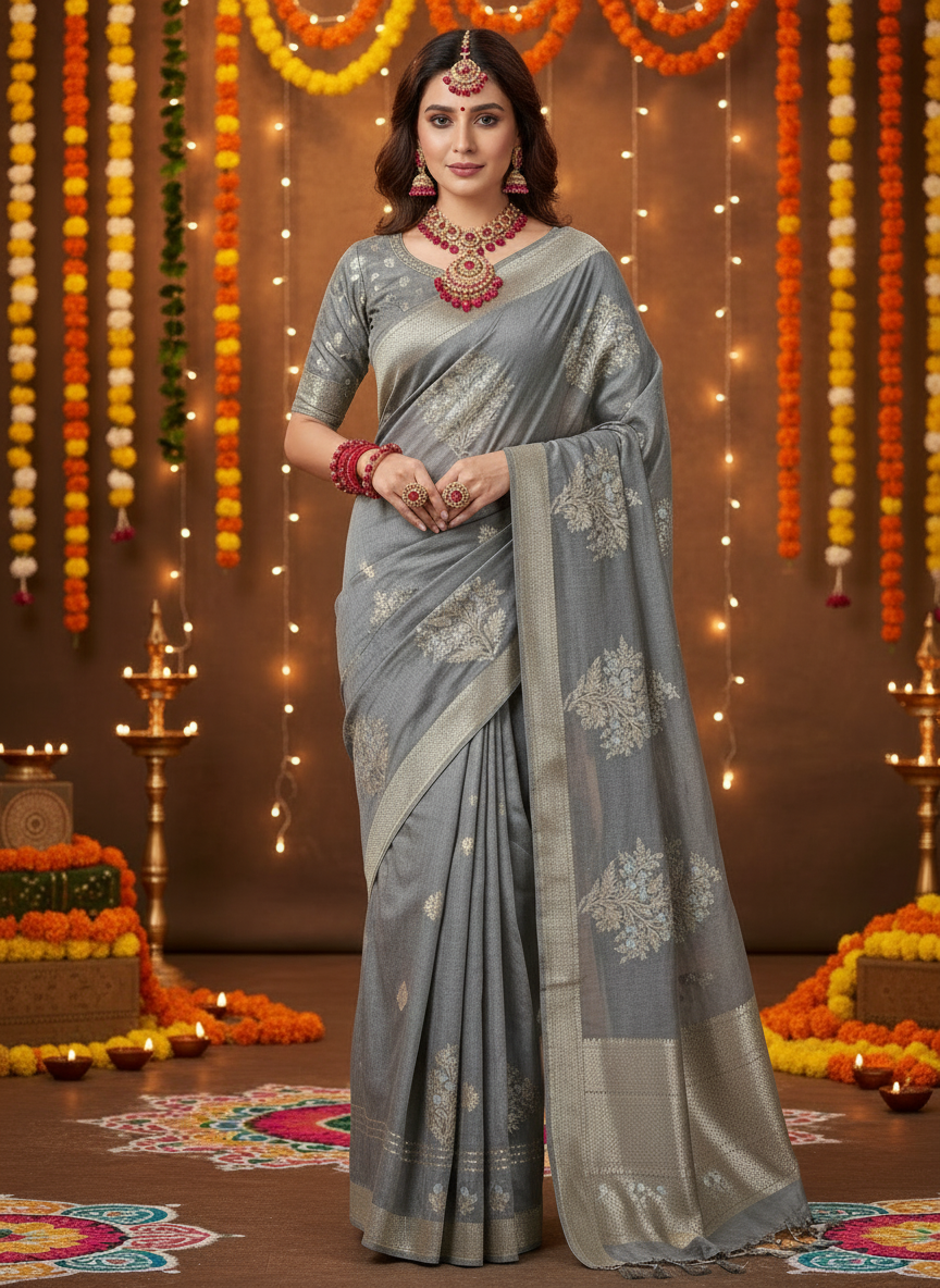 Gray fabric with floral patterns on a tiled floor