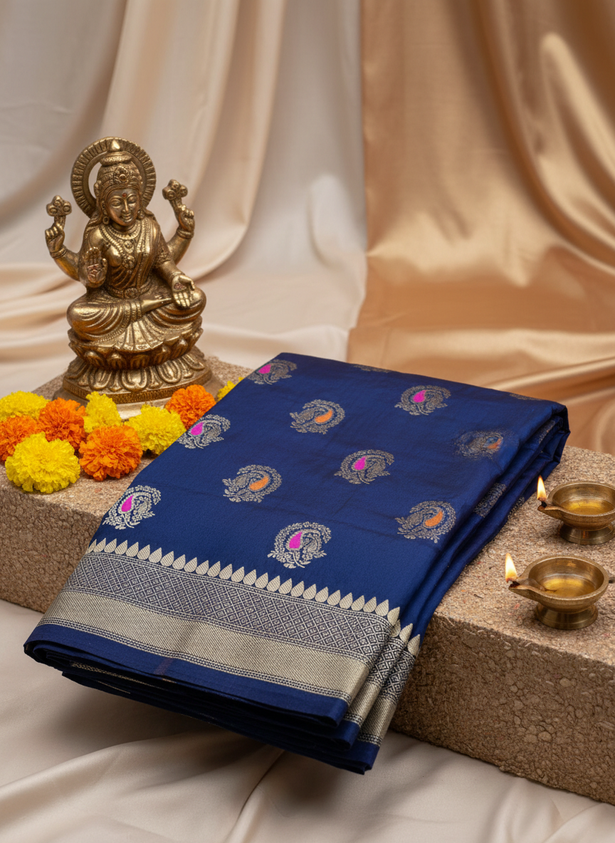 Royal blue soft silksaree with goldn zari motifs with rani pink and orange minakari all over