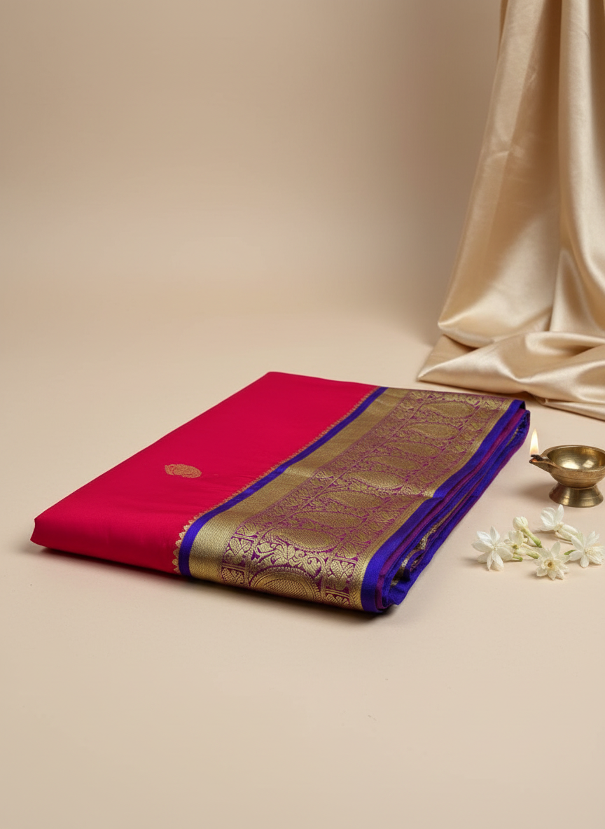 red soft silk sare with royal blue golden zari border
