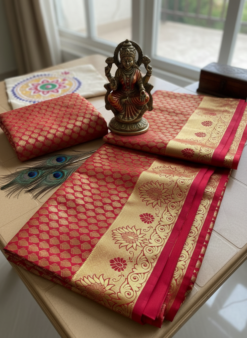 red brocade saree with golden zari work