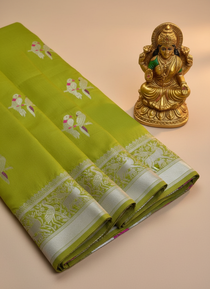 soft silk , parrot green pastel color muniya paithanhi,silver zari work