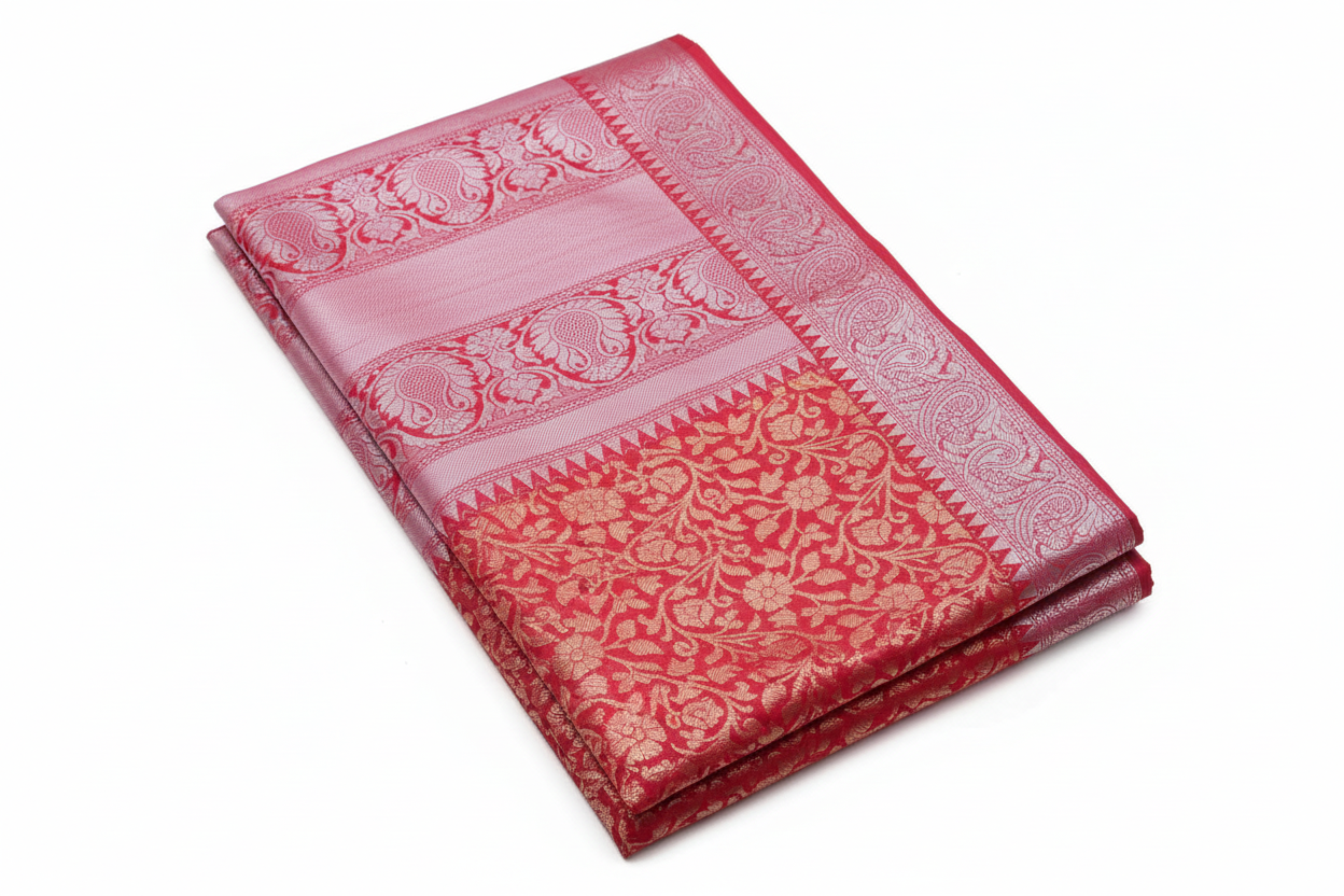 soft silk red color silvver zari banarasi saree beautiful elegant border