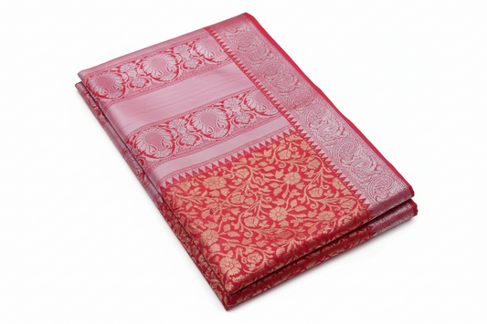 Soft silk red color silvver zari banarasi saree beautiful elegant border