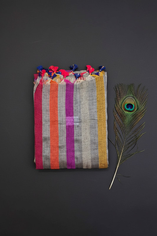 Linen Cotton Sare With Solid Standing Lines Vibrant Contrast Colors