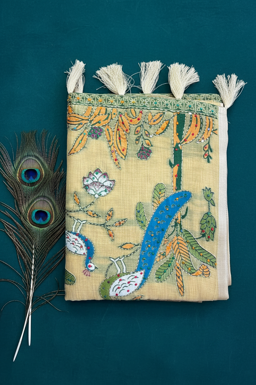 Cotton Saree With Beautiful Peacock design .katha work and knot work. Alll hand work.