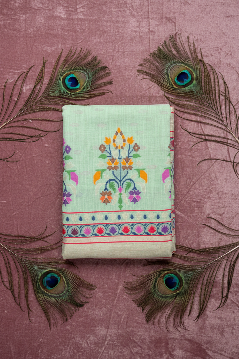 Chanderi Cotton With Digital Thread Work Design Along With Golden Zari Work