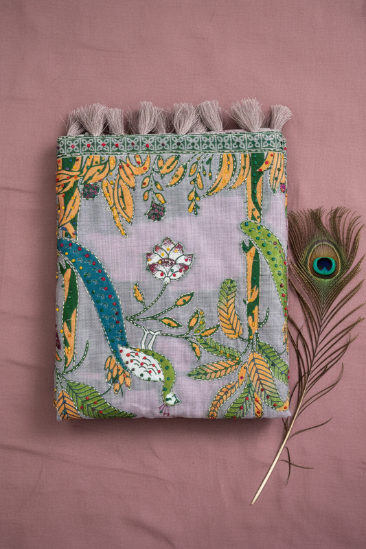 Cotton Saree With Beautiful Peacock design .katha work and knot work. Alll hand work.