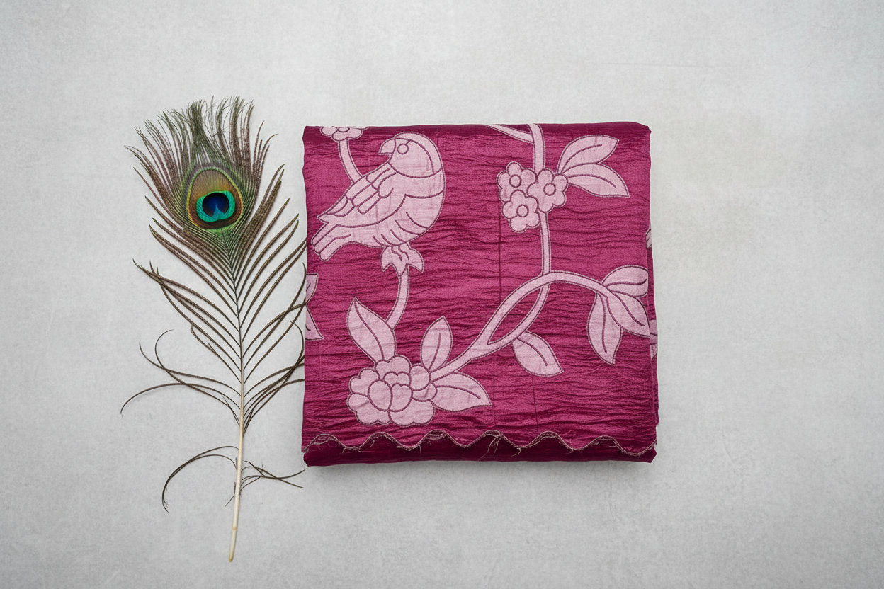 Tissue Aplique Work Saree with Branches and Parrot Desighn.