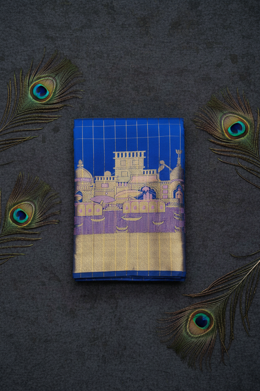 Banarasi Ganga Ghat Saree with elegant checks .vibrant colors.
