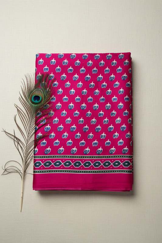 Modal silk mirror work saree . Ajrak print with tassels.
